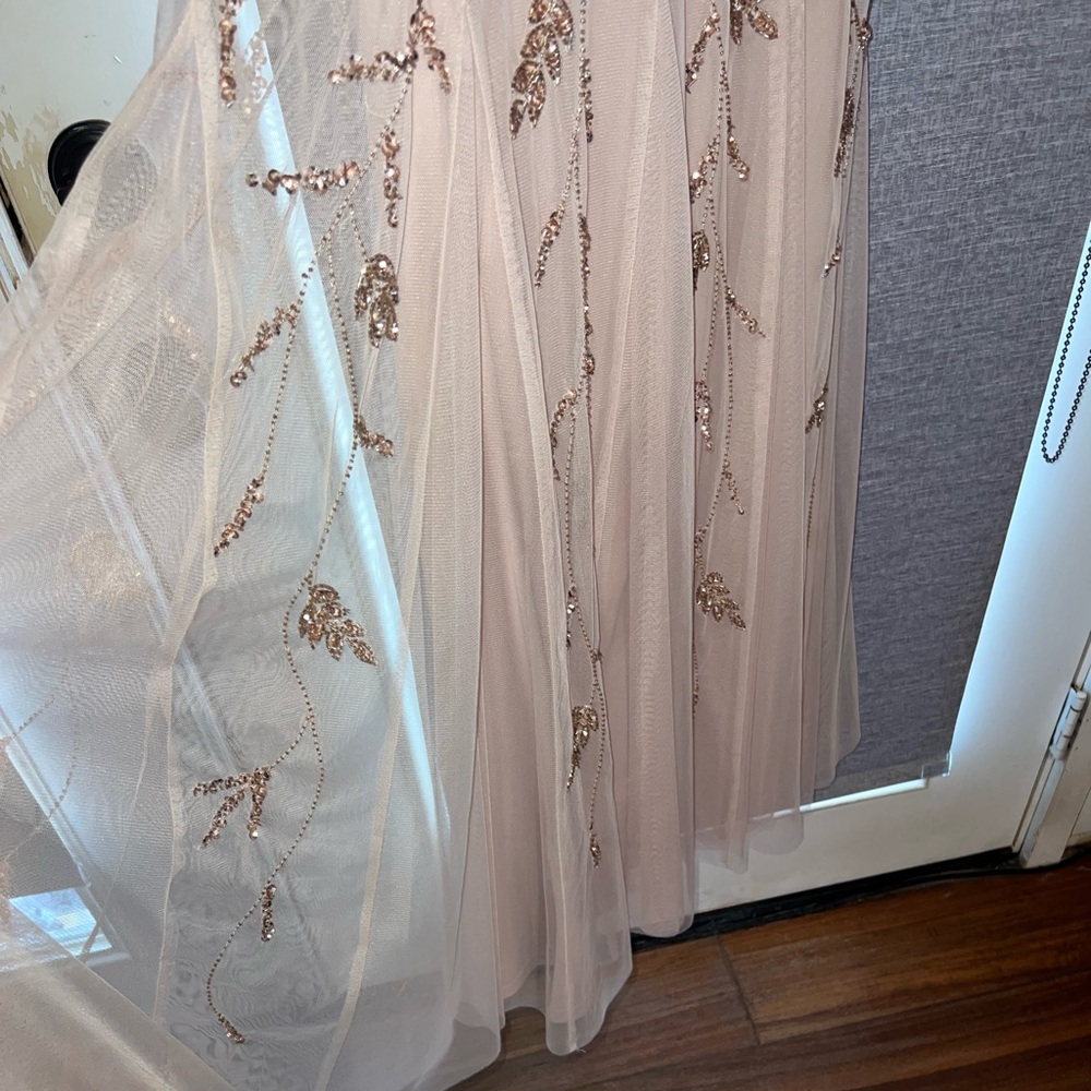ADRIANNA PAPELL Wome’s Hand Beaded Short Sleeve Floral Godet Gown In Taupe Pink - Picture 6 of 9